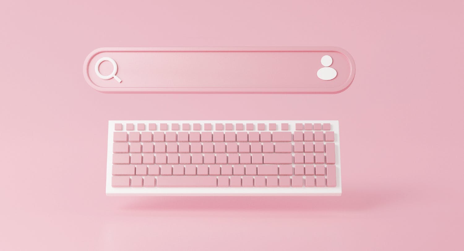 This image depicts a keyboard with pink keys and a pink search bar hovering above. The image is being used to describe the process a customer begins with when researching products, and this blog on How to Write SEO Optimized Content can help get your content seen by your customers during this research.