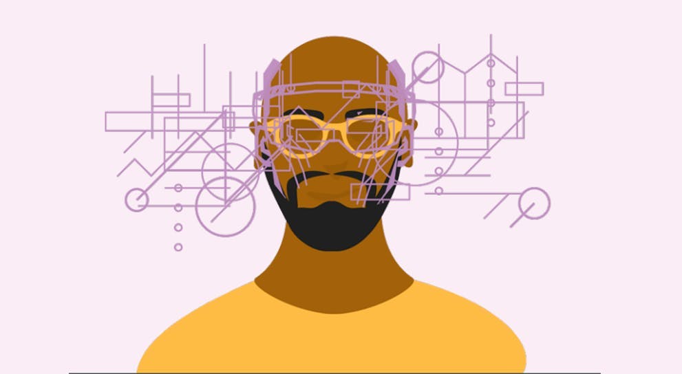 Abstrakte Illustration eines Mannes, der eine VR Brille trägt und Augmented Reality erlebt