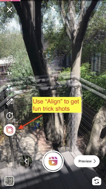 Screenshot showing Align feature within Instagram Reels. Faded replica screen overtop previous clip