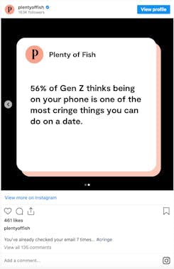 Capture d'écran d'un post Instagram de Plenty of Fish où l'on peut lire "56% de la génération Z pensent qu'être sur son téléphone est l'un des choses les plus gênantes que l'on puisse faire lors d'un rendez-vous."