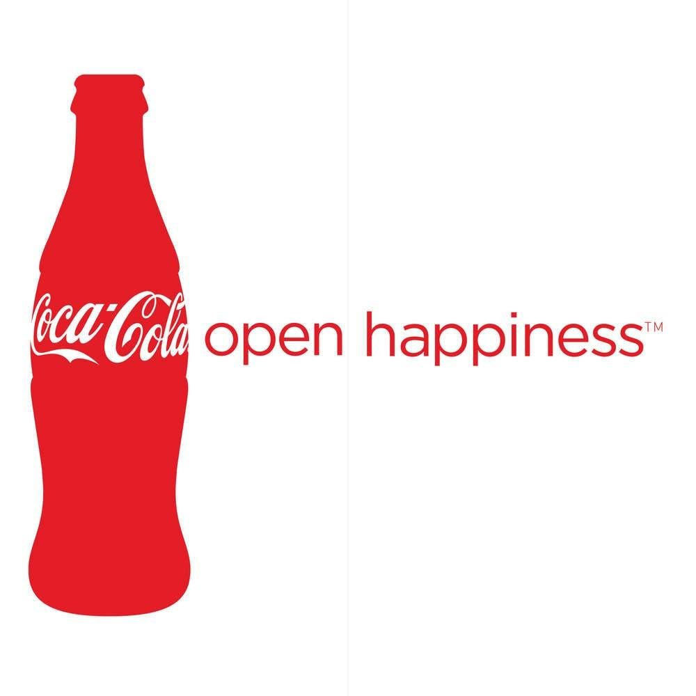 Rote Coca-Cola Flasche mit Coca-Cola Logo und dem Text: open happiness
