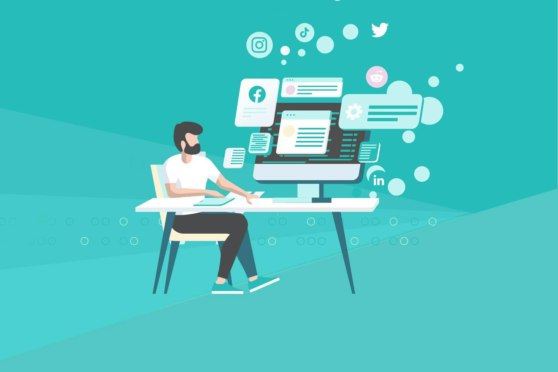 Illustration d'un homme assis à un bureau avec des pictos qui illustrent les réseaux sociaux