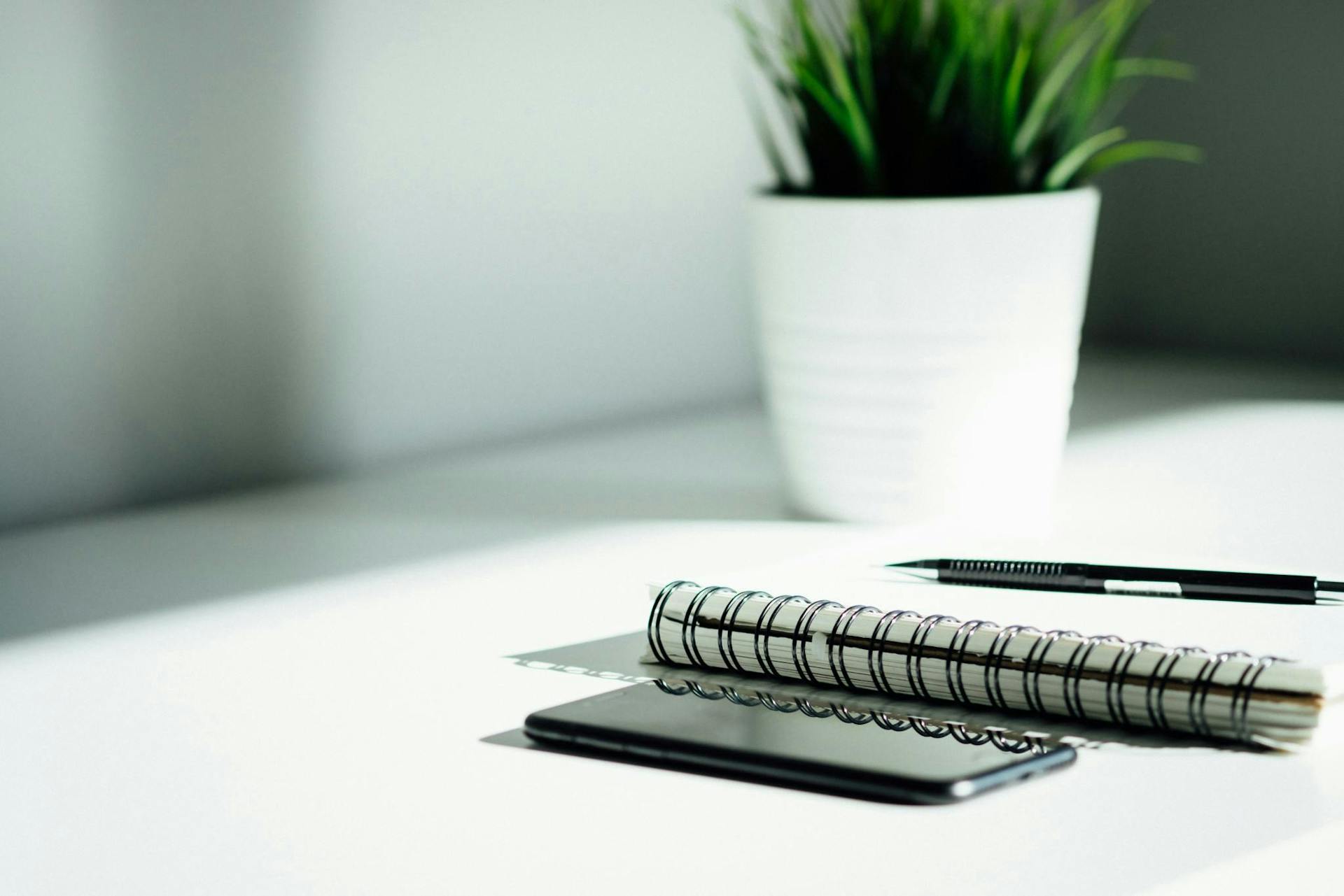 Photo of a plant, a pen, a notebook and a smartphone on a white table