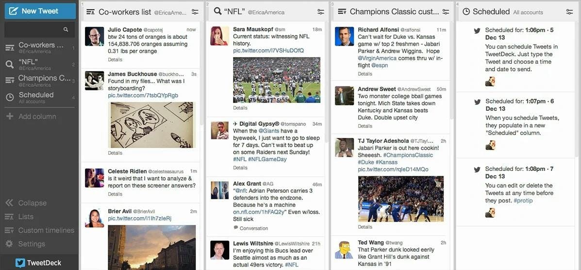 Twitter's Tweetdeck dashboard for social media monitoring showing Twitter feeds