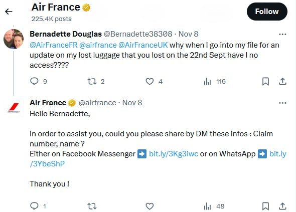 Exemple du service client de Air France sur les réseaux sociaux