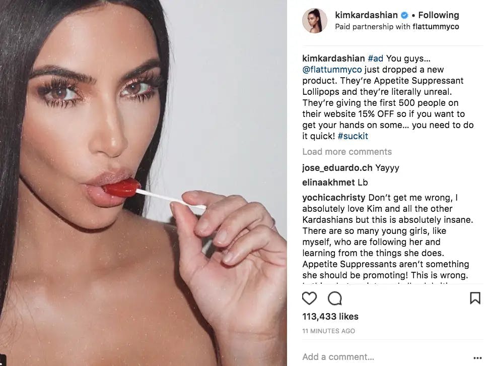 Instagram post Kim Kardashian's controversial appetite-suppressant lollipop promotion