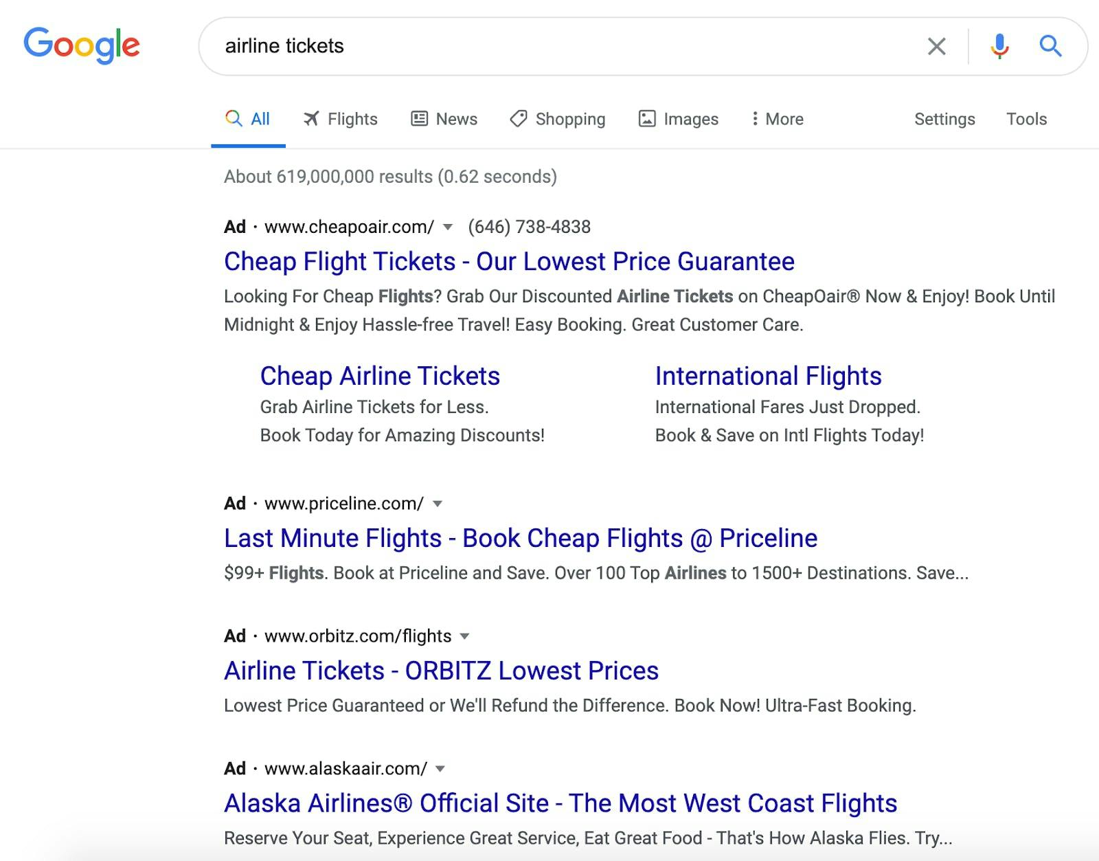 PPC Google Ads example for the keyword "airline tickets"