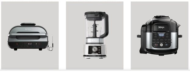 Three of SharkNinja products: A panni press, a blender and an airfryer. Each item fetaures similar materials and elements that show they are products from the same brand.