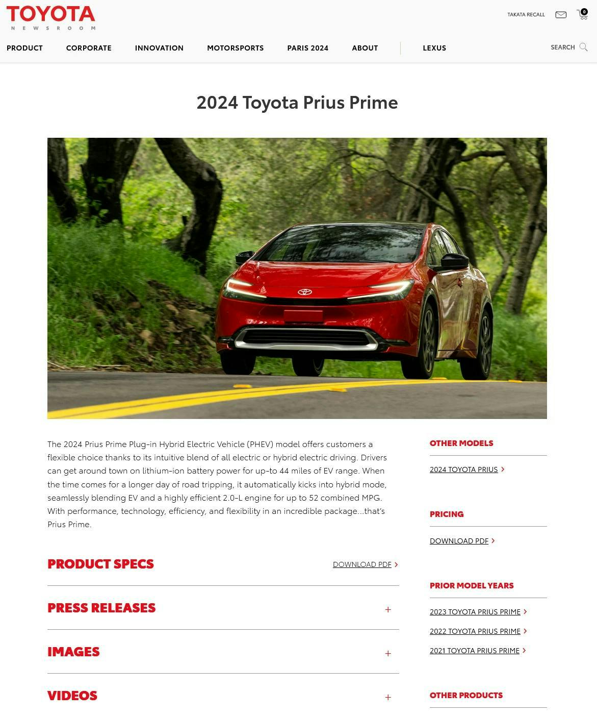 A screen shot of the media kit for Toyota Prius. 