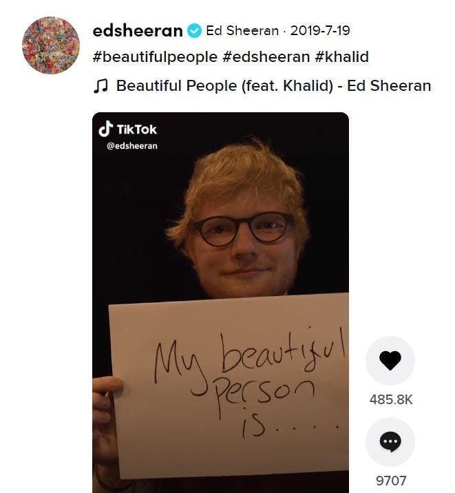 screenshot of ed sheeran's tiktok for #beautifulpeople challenge on social media 