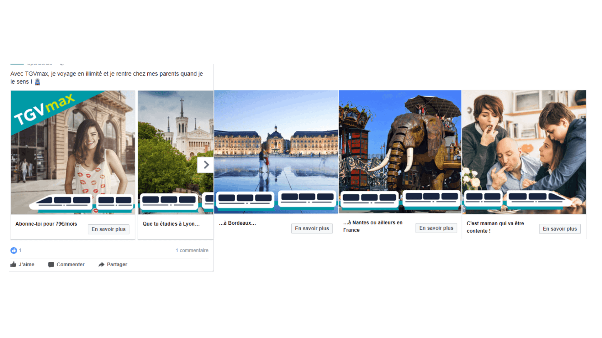 Screenshots de la puoblicité Facebook SNCF pour TGV Max