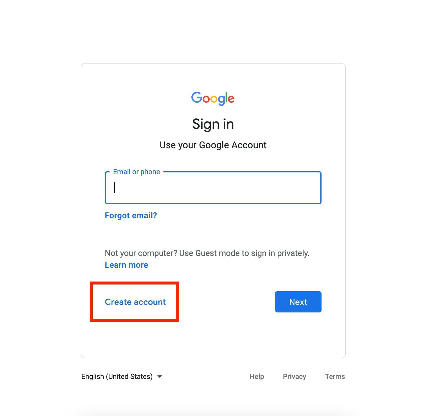 Selecting Create Account from Google