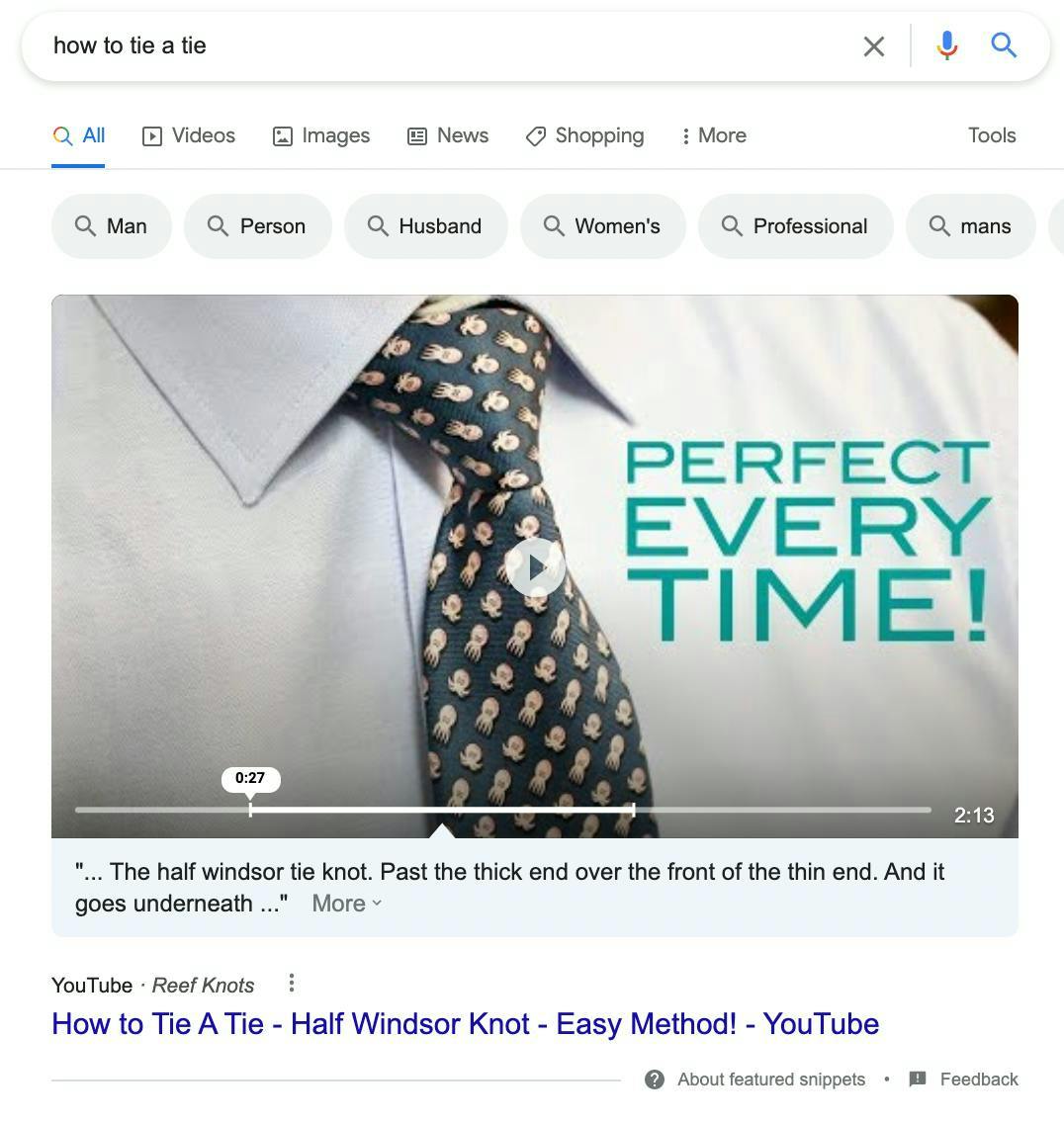 Example of a video search result in Google, showing an exact time stamp, for the query "how to tie a tie".