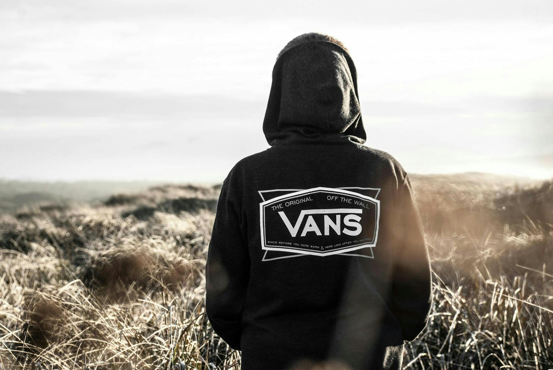 Photo of someone's back who is standing in an open field waring a VANS hoodie