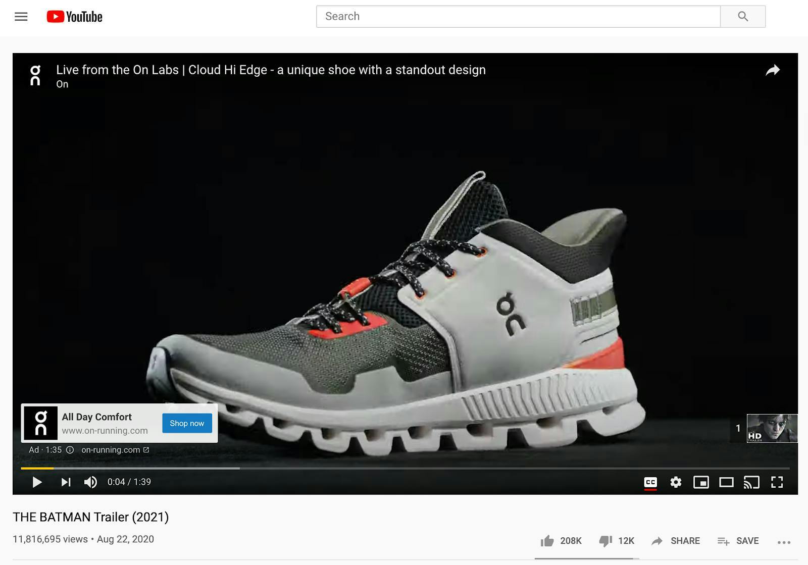 A YouTube ad from Swiss clothing brand On