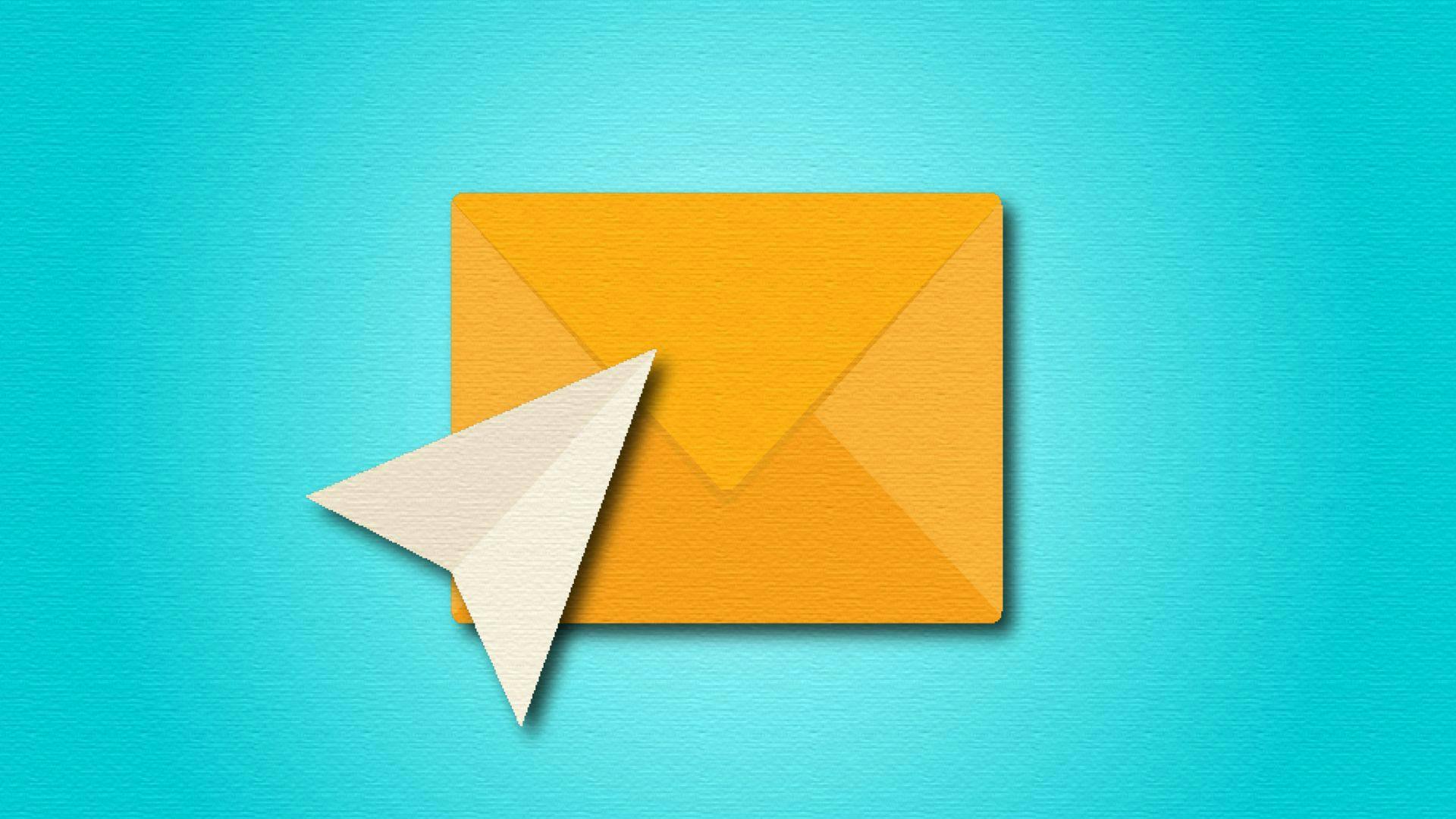 Enveloppe jaune avec icône de naviguation web blanc sur fond bleu 