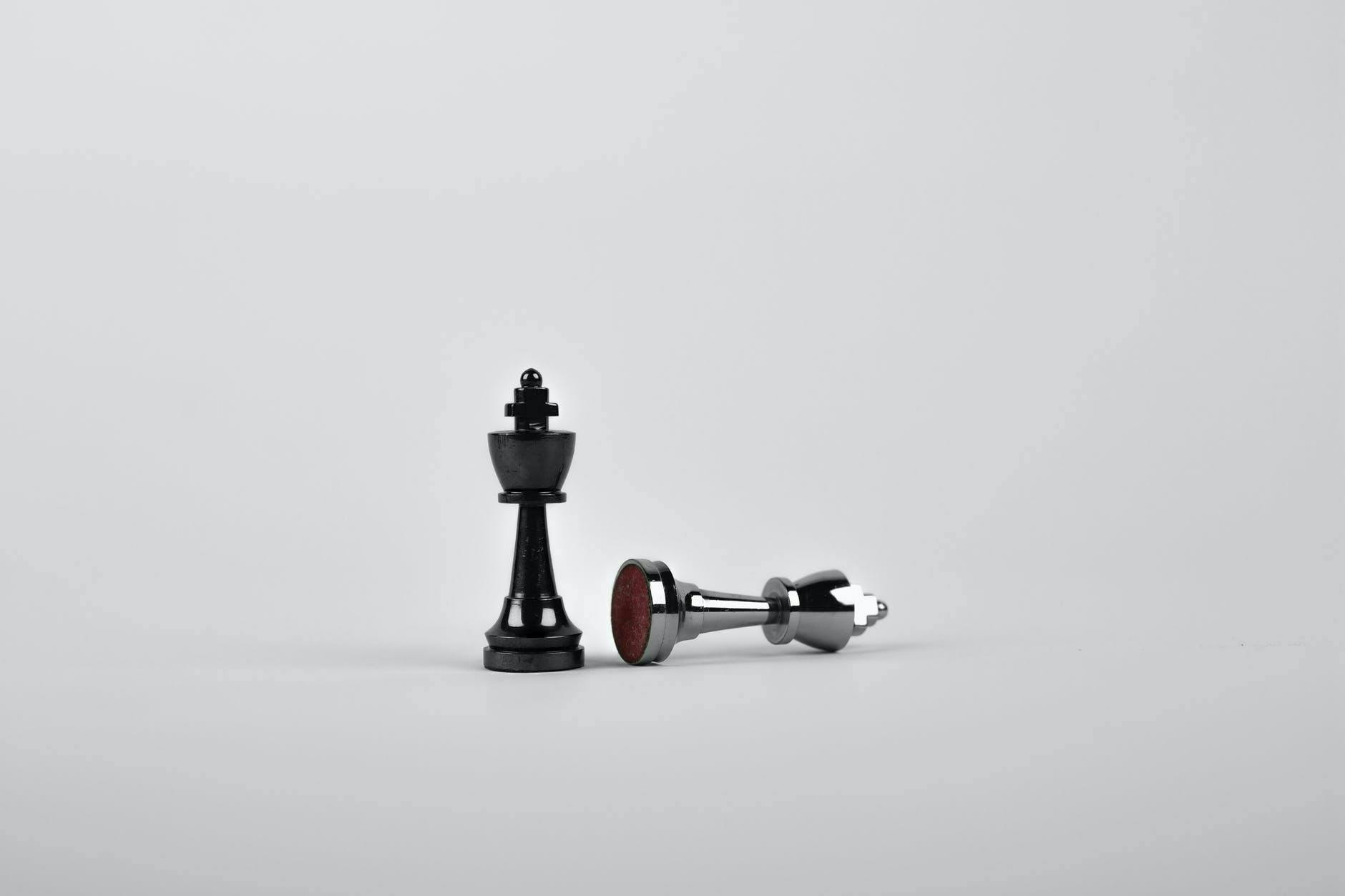 Een schaakspel met twee koningen. De ene koning is omgestoten door de anderen. Alles tegen een witte achtergrond.