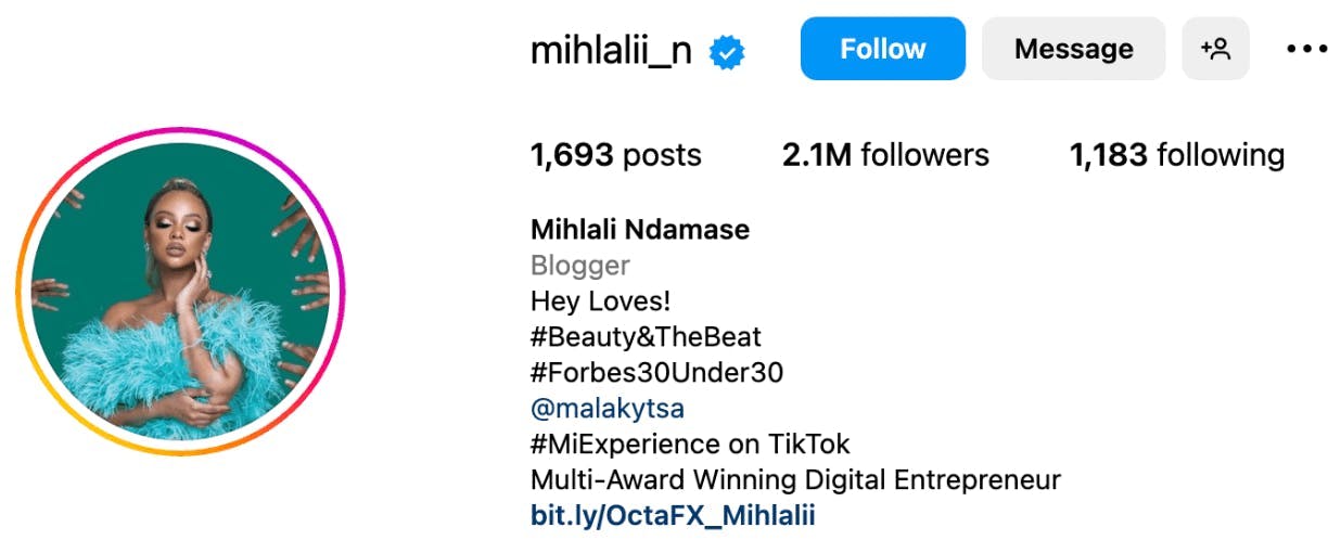 Top beauty influencers in South Africa: Mihlali Ndamase Instagram Profile