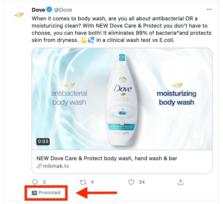 Image of Dove ad on Twitter showing clear "Promoted" text at the bottom of the post, under image
