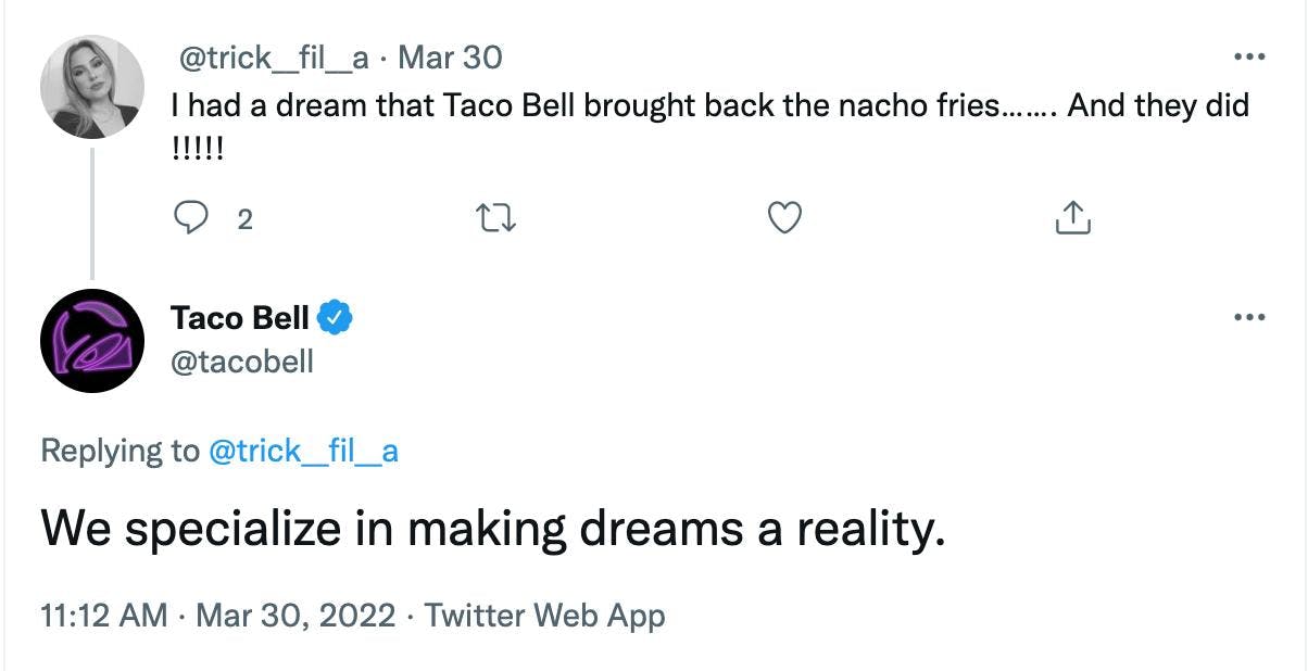 Kuvakaappaus Taco Bellin Twitter-tilin vastauksesta asiakkaan twiittiin.
