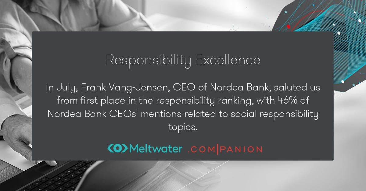 In July, Frank Vang-Jensen, CEO of Nordea Bank, saluted us from first place in the responsibility ranking, with 46% of Nordea Bank CEOs' mentions related to social responsibility topics