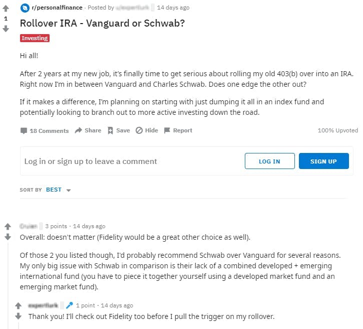 screenshot of reddit marketing and discussion on personal finance and rollover IRA