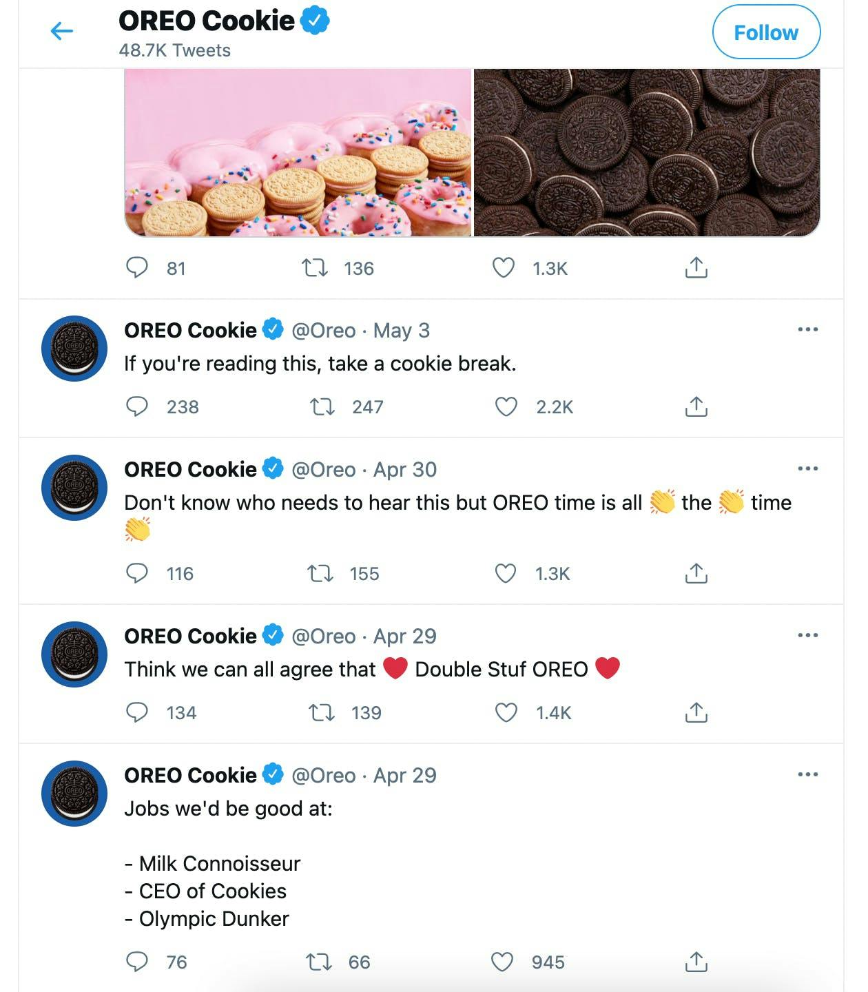Oreos Twitter page showing five fun and humorous tweets in a row. 