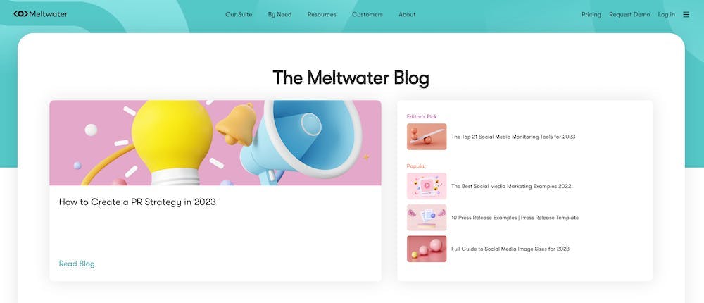 An example of owned media is a website blog page. This image shows the homepage for the Meltwater blog