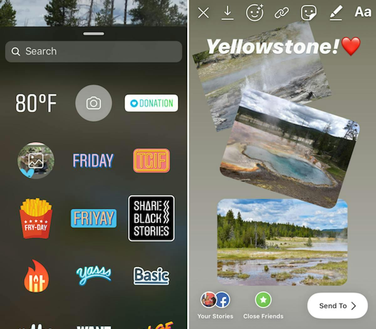The image sticker allows you to post multiple photos within the same Story. Top left from L to R: download Story, Story filters, links, stickers, drawings, and text.