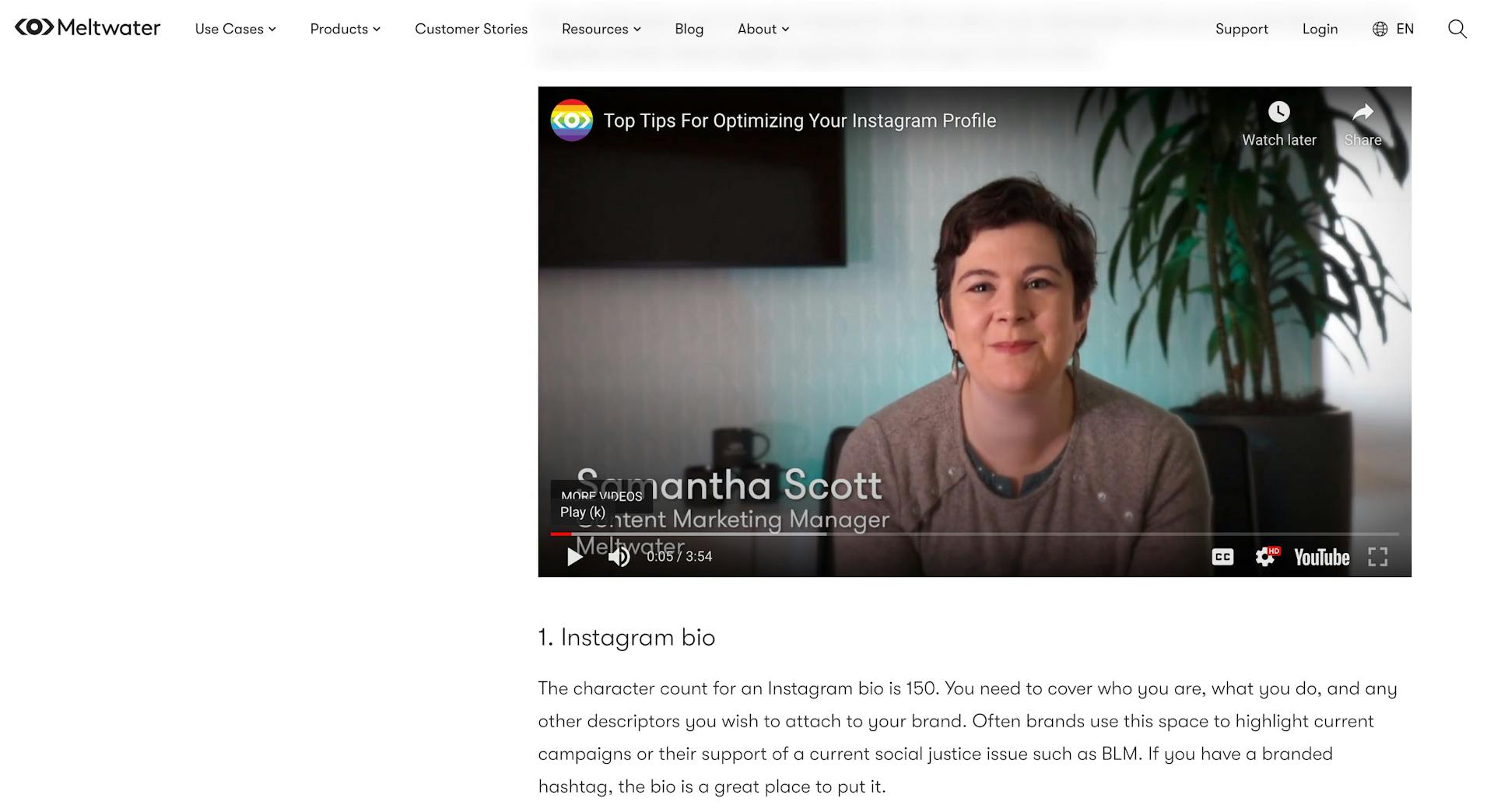 A screenshot of Meltwater's blog on How To Be Successful With Instagram Marketing that includes an embedded YouTube video on the same topic. 