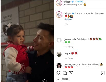 Een screenshot van een post van Ajax. Te zien zijn een speler van Ajax met zijn dochter