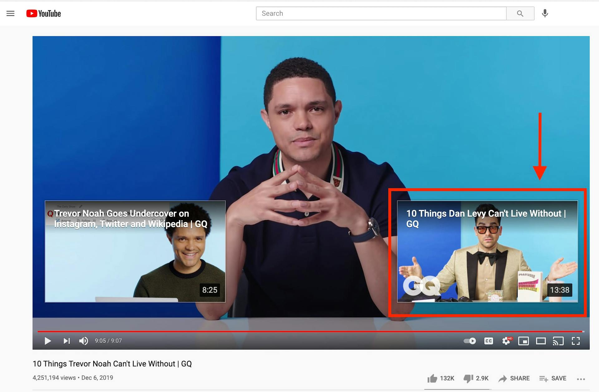 End screen notations of a video on GQ channel featuring Trevor Noah. Next video suggested is one from the same series. 