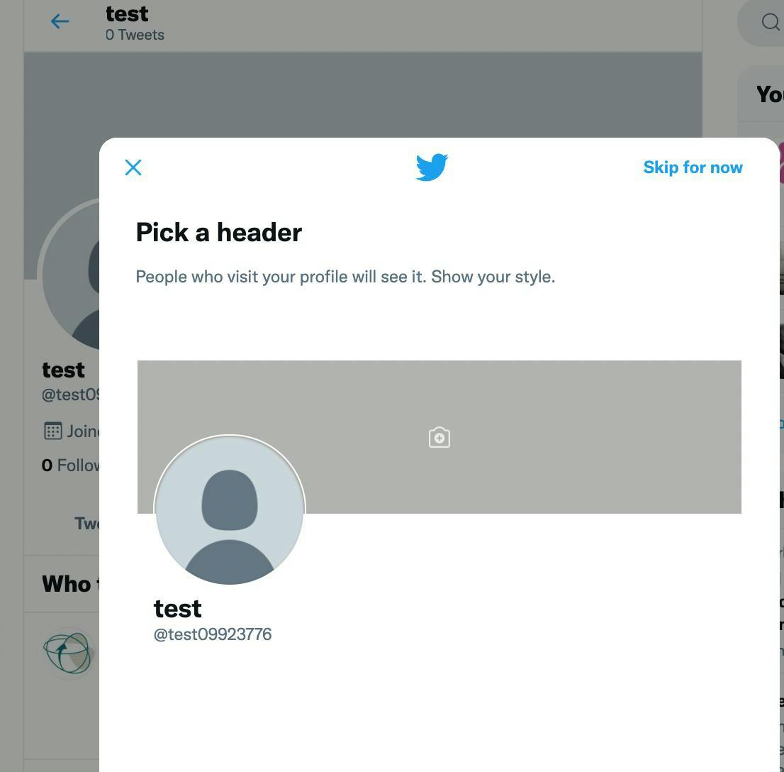 Step 7 to create a Twitter account. Pick a header image size 1500x500 for your profile 