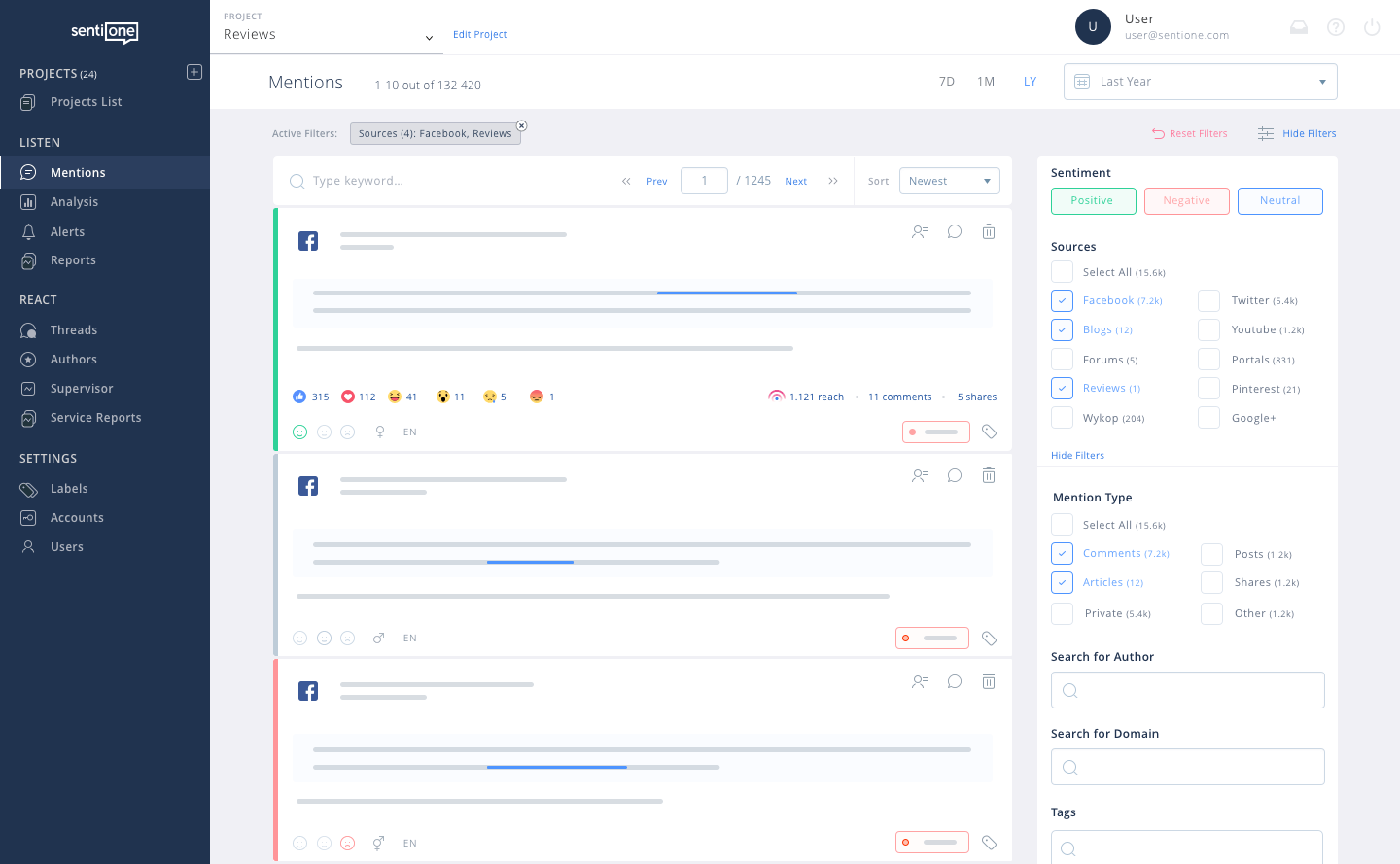 An image of SentiOne's social listening and reputation monitoring tool.