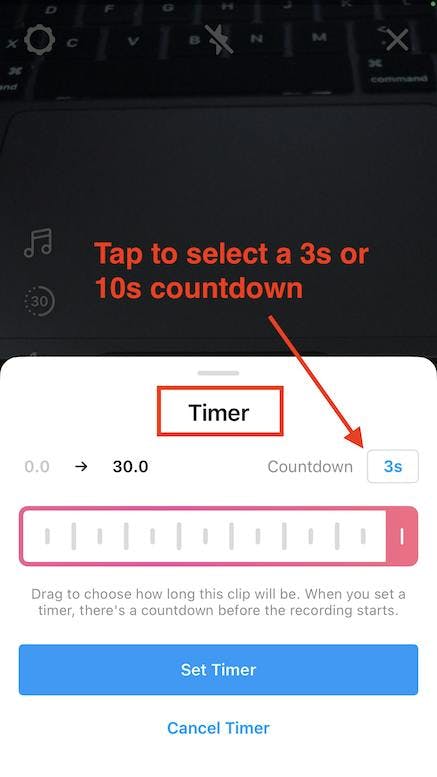 Screenshot showing the Timer feature within Instagram Reels