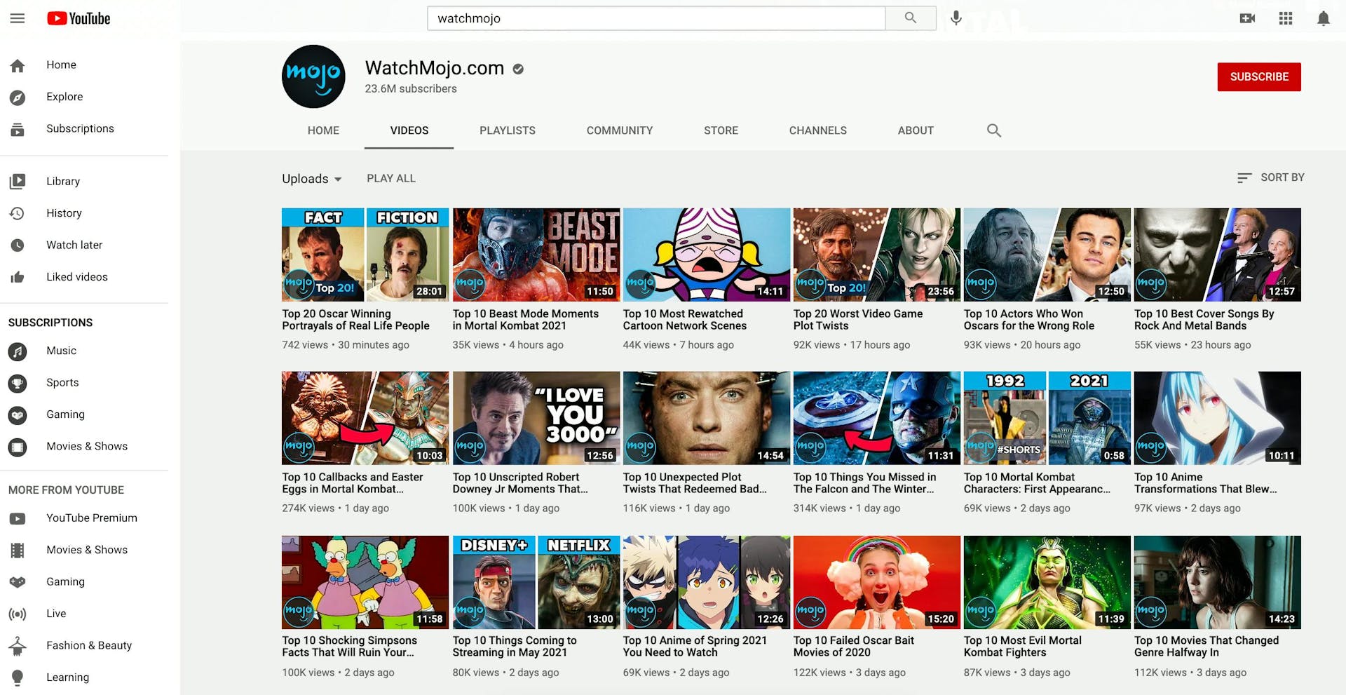 WatchMojo YouTube channel, video tab showing all uploads with great examples of Thumbnail images