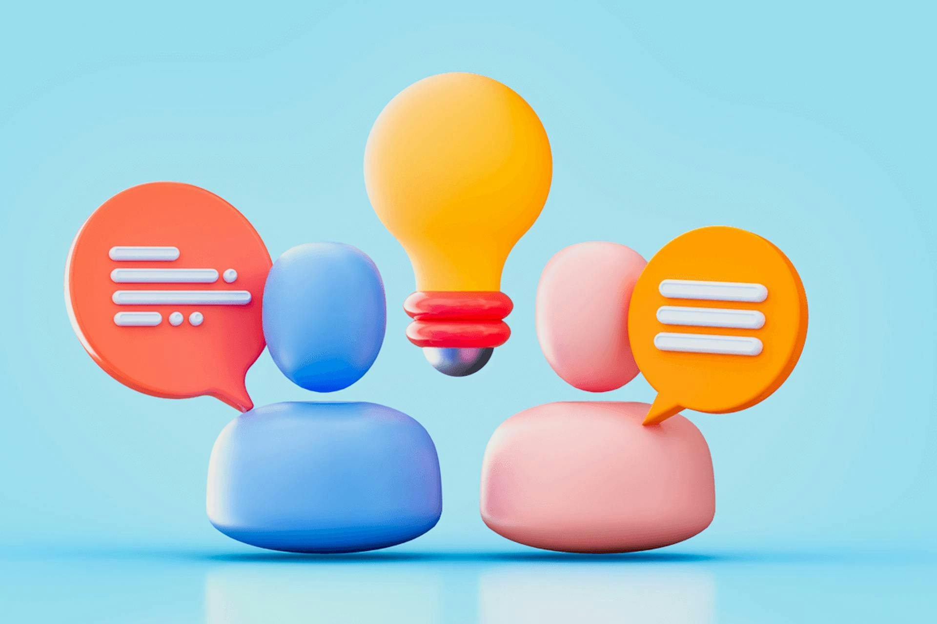 Illustration of two people talking with different colored speech bubbles and a lightbulb in between them. Creating a PR strategy for 2023 blog post.
