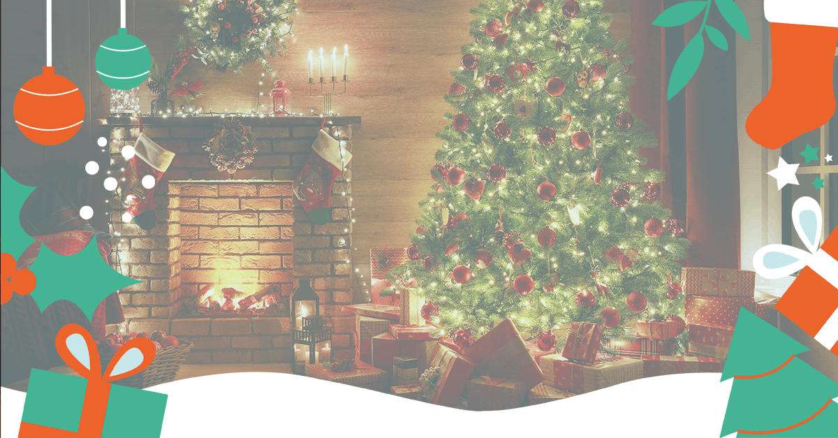 Weihnachtlicher Rahmen um ein Bild mit einem Weihnachtsbaum neben einem Kamin für unseren Blog mit Social Listening Analysen zu weihnachtlichen Themen