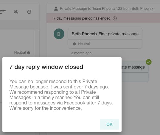 Afbeelding van een melding die aangeeft dat je na 7 dagen niet meer kan antwoorden op Facebook privé-berichten