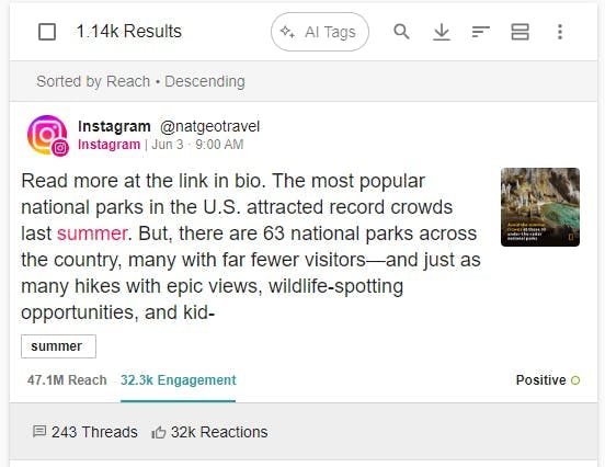 Meltwater Explore: Instagram Engagement Metrics on Content Cards