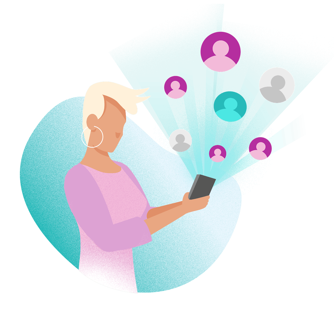Een geïllustreerde afbeelding van een vrouw die op een telefoon kijkt waar verschillende sociale iconen uitkomen