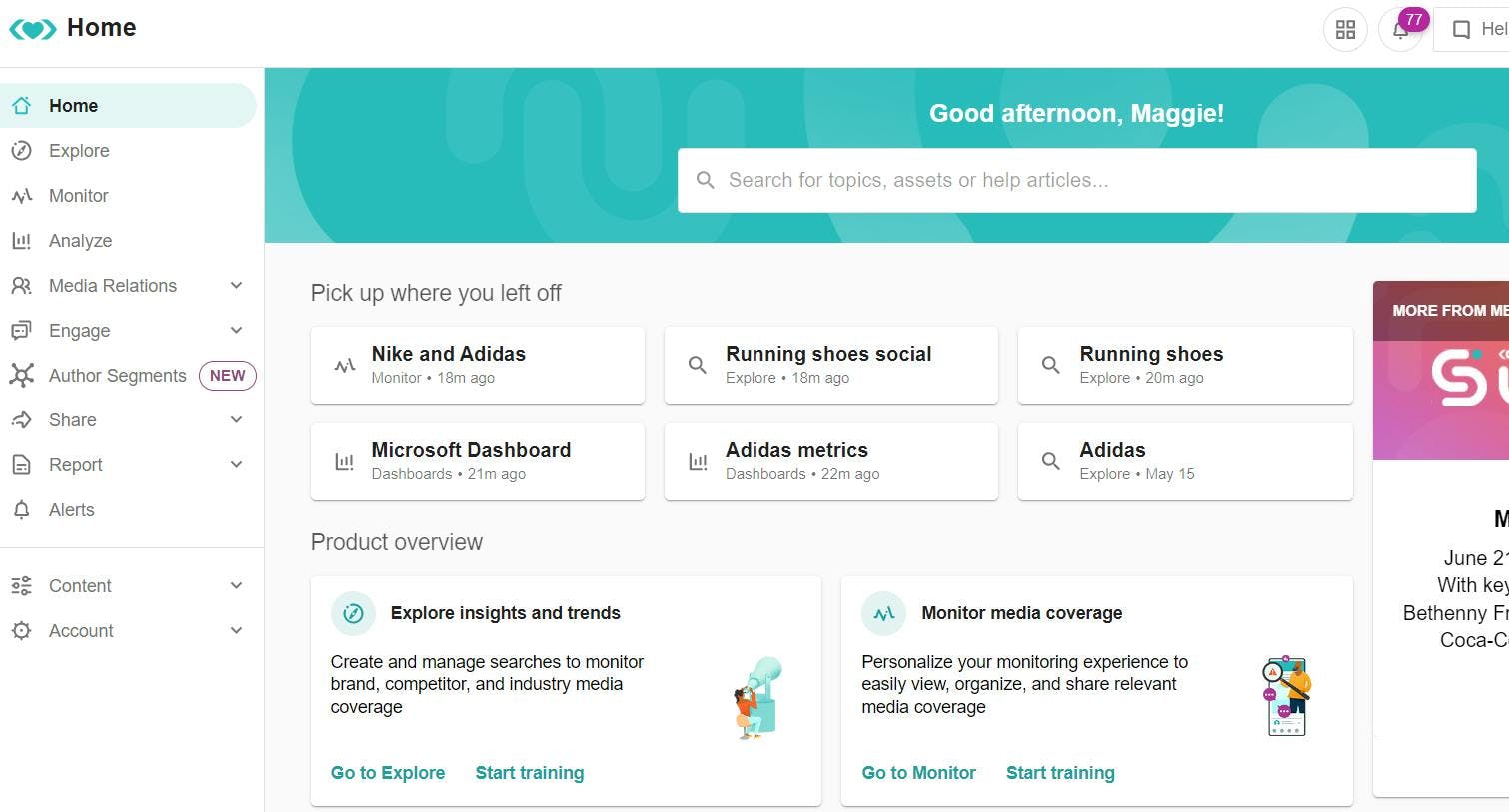 Meltwater "Pick up where you left off" Homepage View
