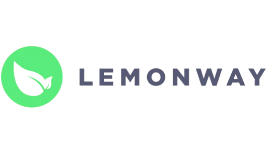 Logo Lemonway écrit en majuscules, avec empreinte de feuille d'arbre dans un cercle vert 