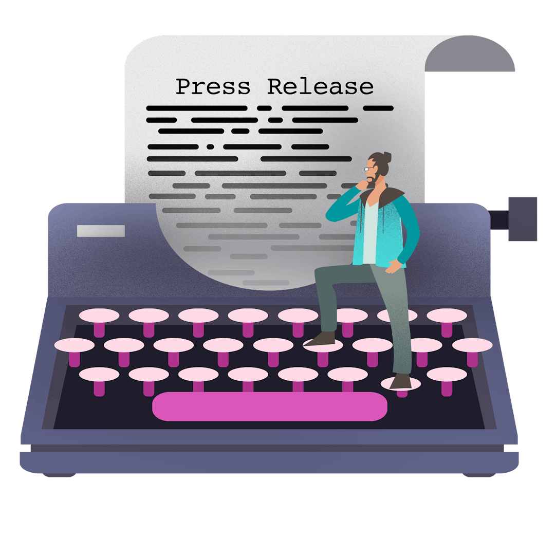 Een geïllustreerde afbeelding van een man die op een typemachine staat die een persbericht typet