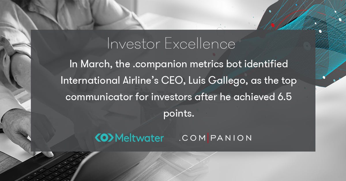 In March, the .companion metrics bot identified International Airlines's CEO, Luis Gallego, as the top communicator for investors after he achieved 6.5 points.