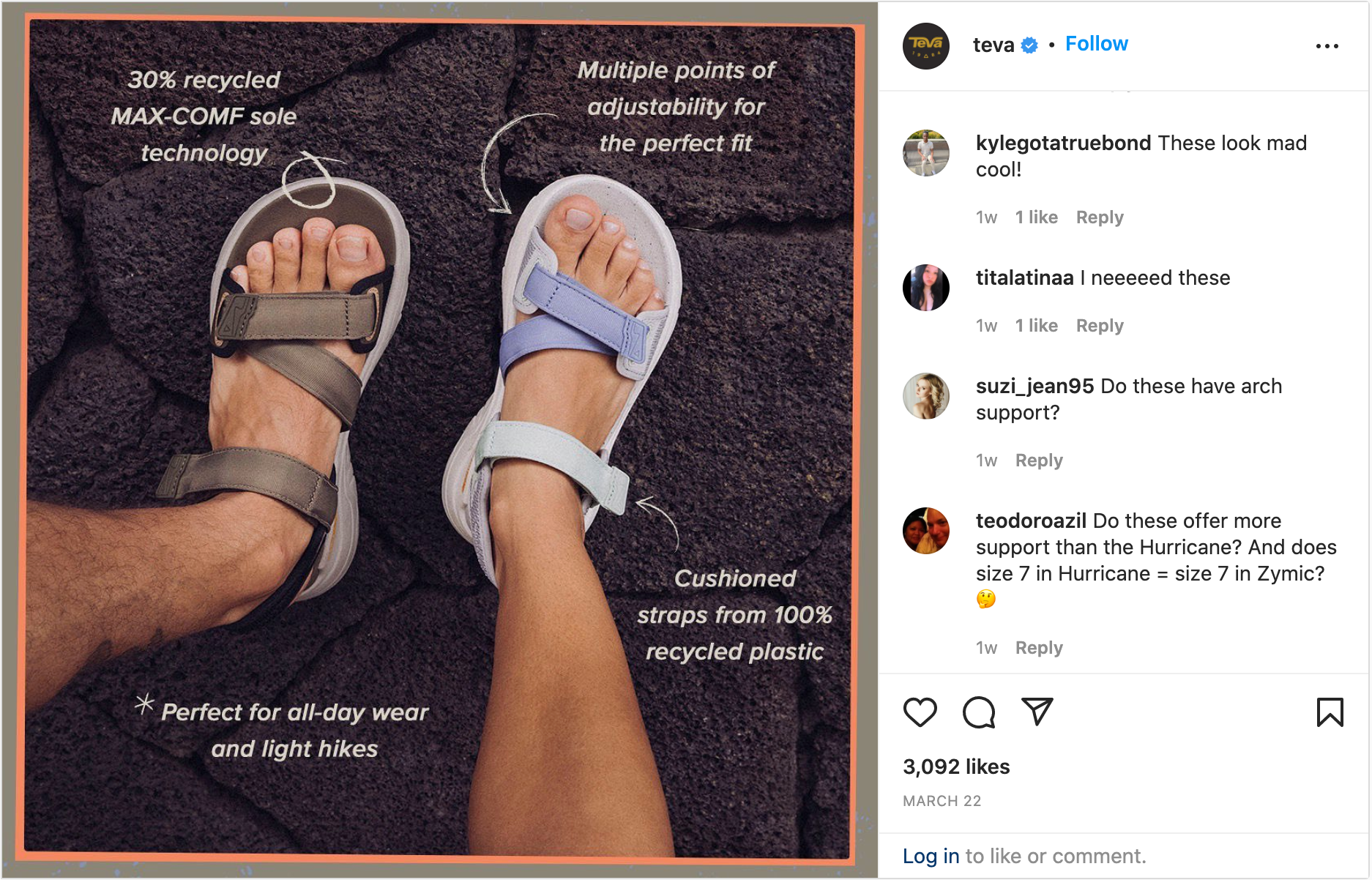 Instagram kommentit julkaisussa Teva-sandaaleista.
