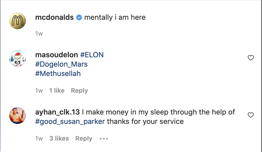 Roskapostikommentteja Mcdonald'sin Instagram julkaisussa.