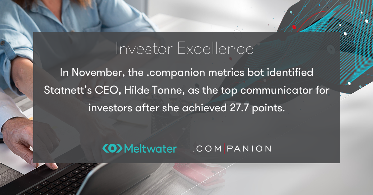 In November, the .companion metrics bot identified Statnett's CEO, Hilde Tonne, as the top communicator for investors after she achieved 27,7 points.