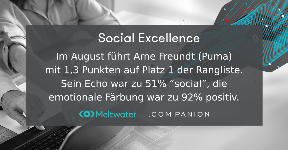 Meltwater und .companion CEO Echo im August 2023. Dieser Banner zeigt die Kategorie "Social Excellence", in der Arne Freundt von Puma gewonnen hat.