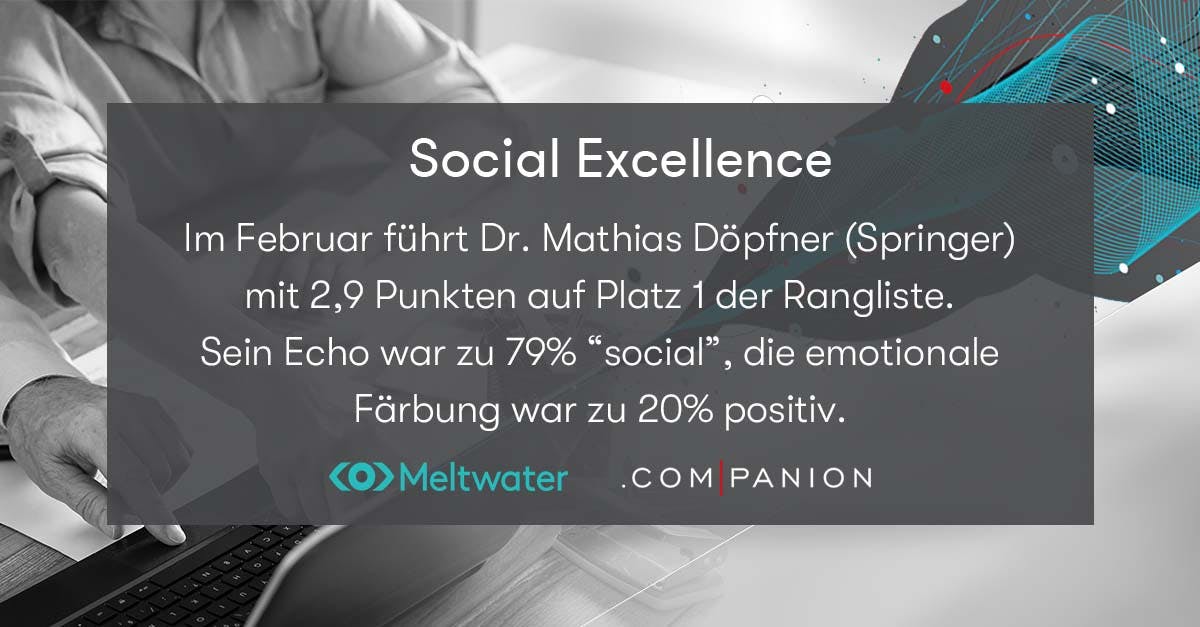 Meltwater und .companion CEO Echo im Februar 2022. Dieses Banner zeigt die Kategorie "Social Excellence", in der Mathias Döpfner von Springer gewonnen hat.